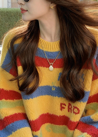 Suéter de punto de algodón grueso con rayas arcoíris suelto para primavera