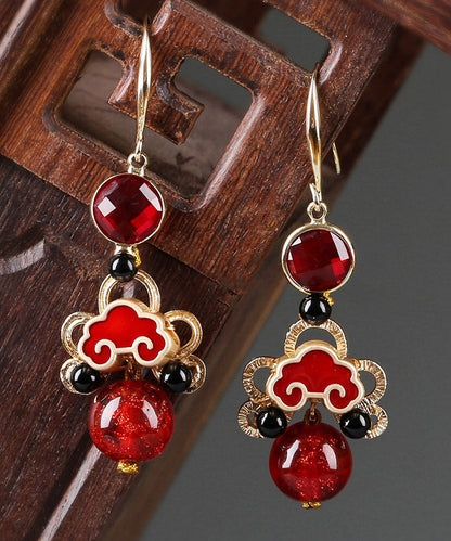 Pendientes colgantes de cloisonné de ágata negra con esmalte de cobre rojo