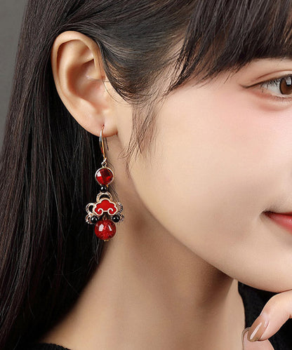 Pendientes colgantes de cloisonné de ágata negra con esmalte de cobre rojo