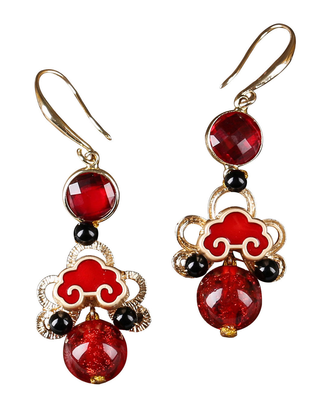 Pendientes colgantes de cloisonné de ágata negra con esmalte de cobre rojo