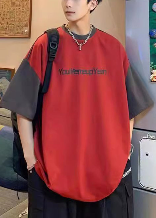 Loose Red Letter Patchwork Cotton Men T Shirt Summer