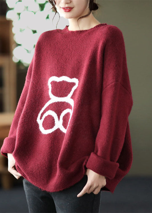 Lose Rote O-Neck Print Wollpullover Frühling