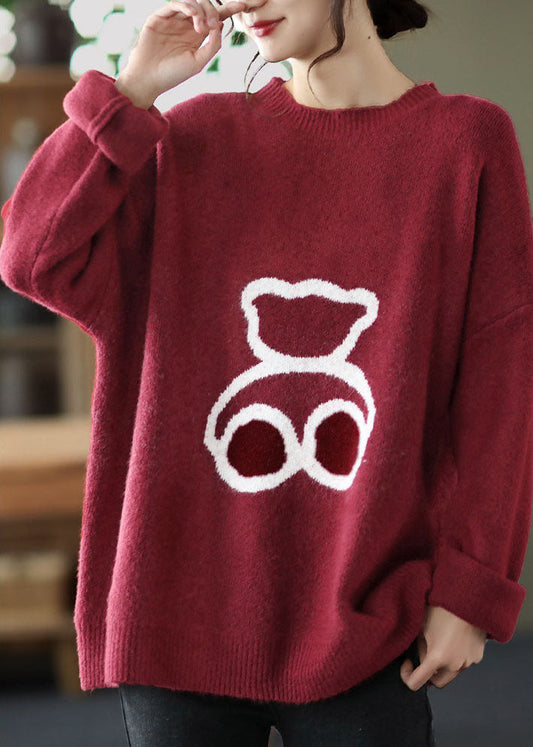 Lose Rote O-Neck Print Wollpullover Frühling