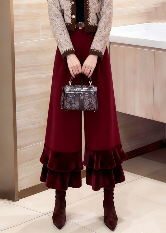 Pantalones anchos de terciopelo de seda con cintura alta y volantes rojos sueltos para invierno