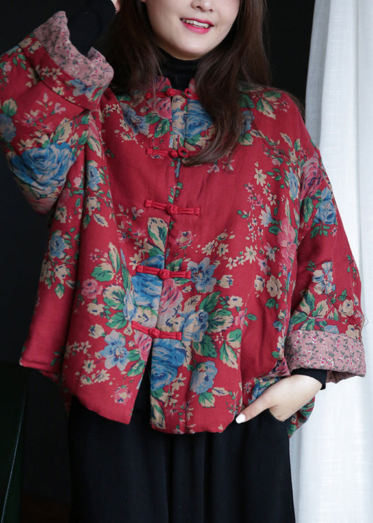 Lose Rot Stehkragen Druck Taste Warme Fleece Baumwolle Parka Winter