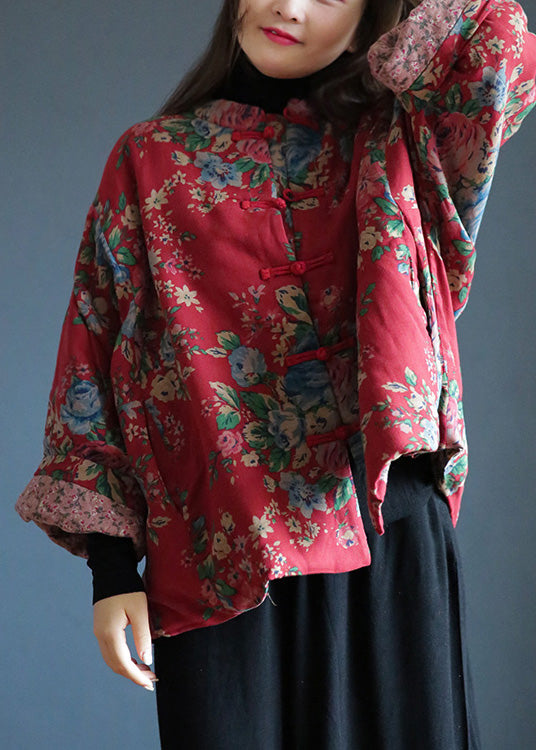 Lose Rot Stehkragen Druck Taste Warme Fleece Baumwolle Parka Winter