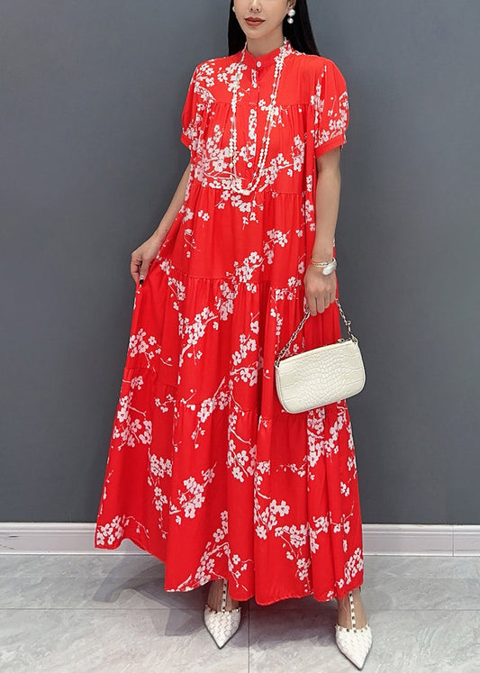 Lose Rot Stehkragen Print Patchwork Lange Kleider Sommer