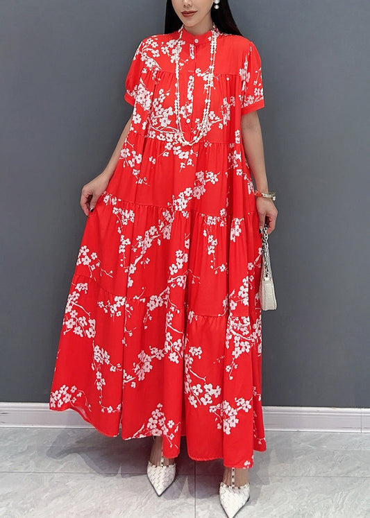 Lose Rot Stehkragen Print Patchwork Lange Kleider Sommer