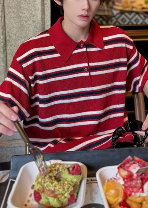 Loose Red Striped Button Knit Mens Polo Shirts Summer