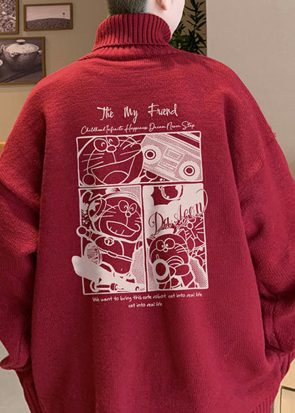 Loose Red Turtleneck Print Cozy Knit Men Sweater Winter
