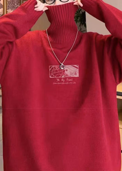 Loose Red Turtleneck Print Cozy Knit Men Sweater Winter