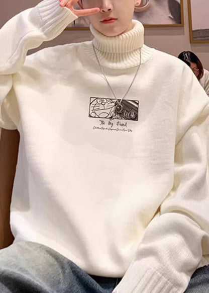 Loose Red Turtleneck Print Cozy Knit Men Sweater Winter