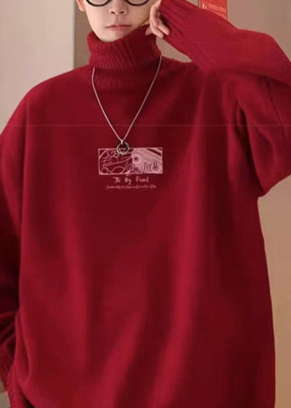 Loose Red Turtleneck Print Cozy Knit Men Sweater Winter