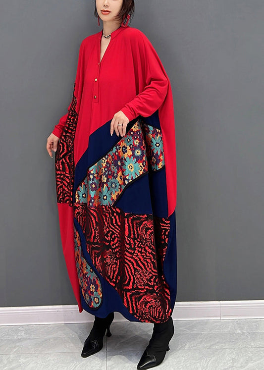 Lose rote V-Ausschnitt Print Patchwork Button Maxi Kleider Herbst