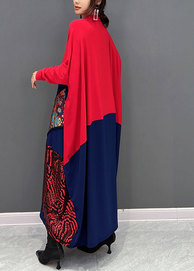 Lose rote V-Ausschnitt Print Patchwork Button Maxi Kleider Herbst