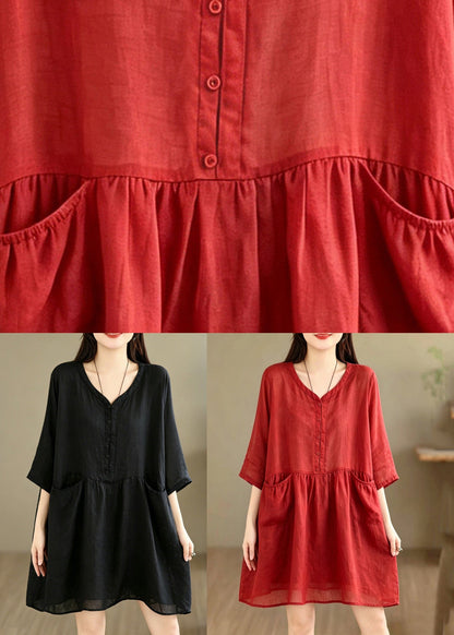 Loose Red V Neck Solid Mid Tea Dress Summer