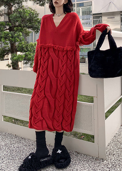 Vestido suelto de punto trenzado con borlas y cuello en V rojo para invierno