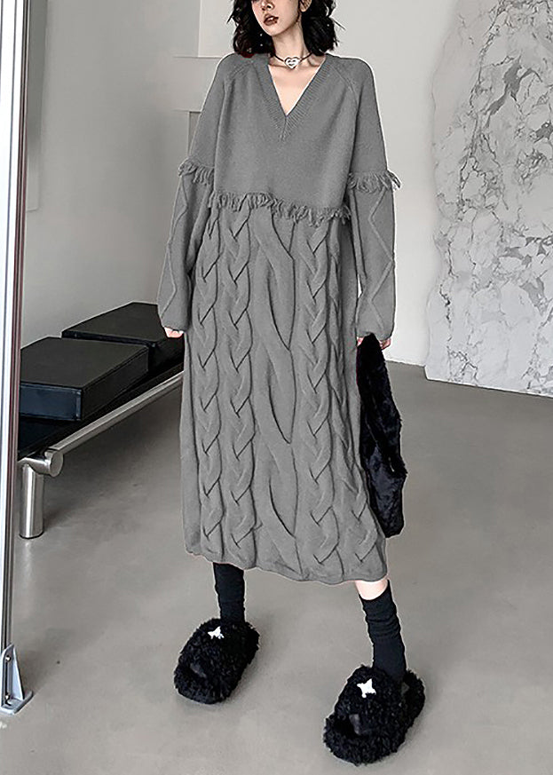 Vestido suelto de punto trenzado con borlas y cuello en V rojo para invierno