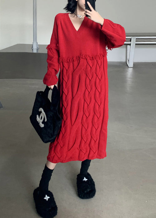 Vestido suelto de punto trenzado con borlas y cuello en V rojo para invierno