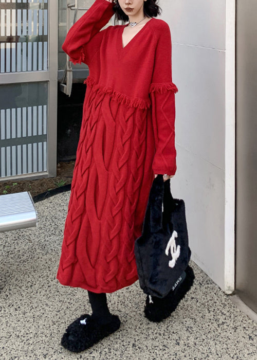 Vestido suelto de punto trenzado con borlas y cuello en V rojo para invierno