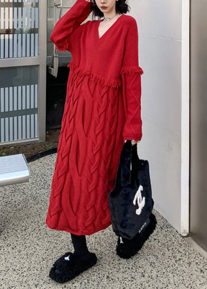 Vestido suelto de punto trenzado con borlas y cuello en V rojo para invierno