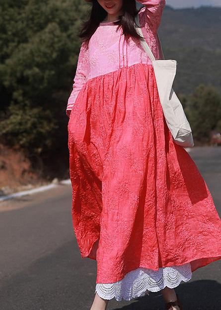 Loose Rose Embroidery Clothes O Neck Patchwork Kaftan Summer Dress - SooLinen