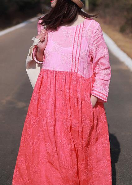 Loose Rose Embroidery Clothes O Neck Patchwork Kaftan Summer Dress - SooLinen