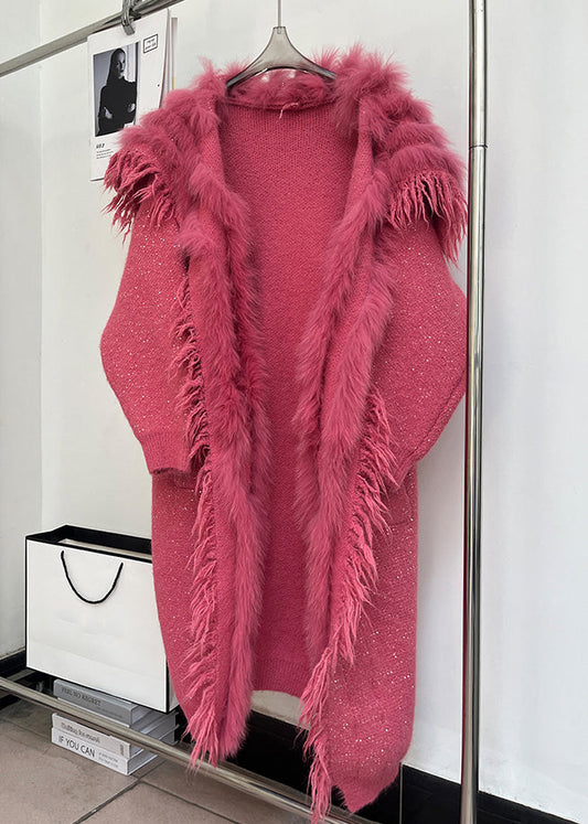 Locker geschnittene Wollmäntel mit Rosen-Fuchskragen und Patchwork-Design für den Winter