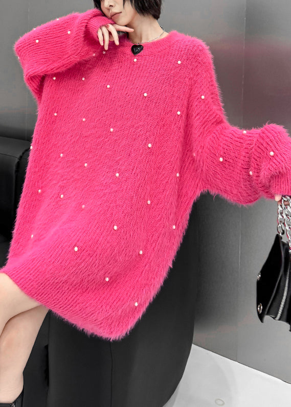 Loose Rose O Neck Pearl Mink Hair Knitted Sweater Winter