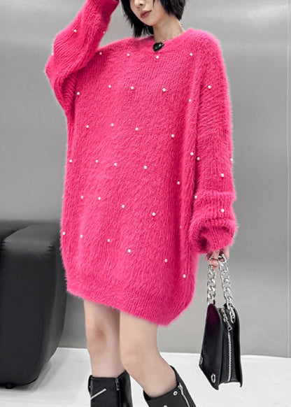Loose Rose O Neck Pearl Mink Hair Knitted Sweater Winter