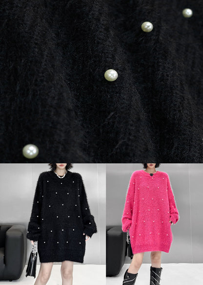 Loose Rose O Neck Pearl Mink Hair Knitted Sweater Winter