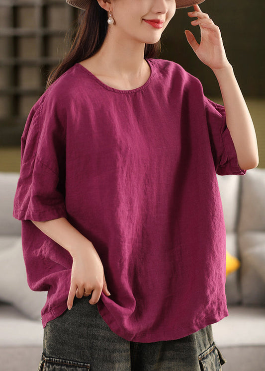 Loose Rose O Neck Solid Linen T Shirts Summer