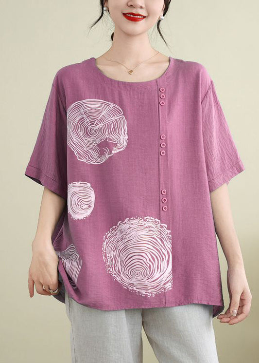 Loose Rose Patchwork Button Ice Silk Tops Short Sleeve