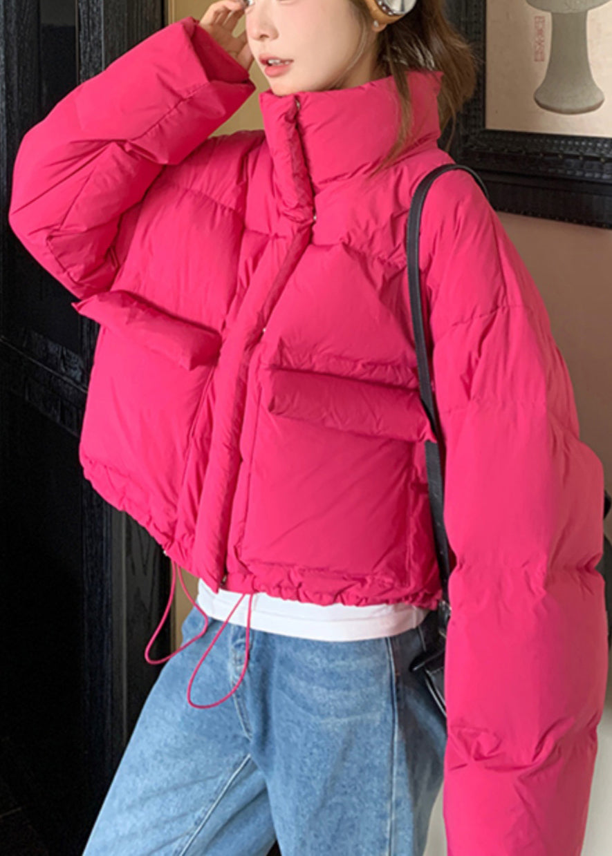 Abrigo acolchado de plumón de pato con bolsillos y cuello alto de rosas sueltas y cordón ajustable para invierno