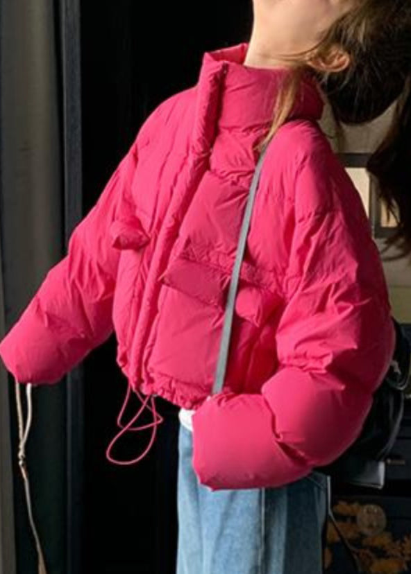 Abrigo acolchado de plumón de pato con bolsillos y cuello alto de rosas sueltas y cordón ajustable para invierno