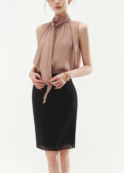 Loose Rubber Powder Bow Tops And Side Open Black Skirts Two Piece Set Sleeveless