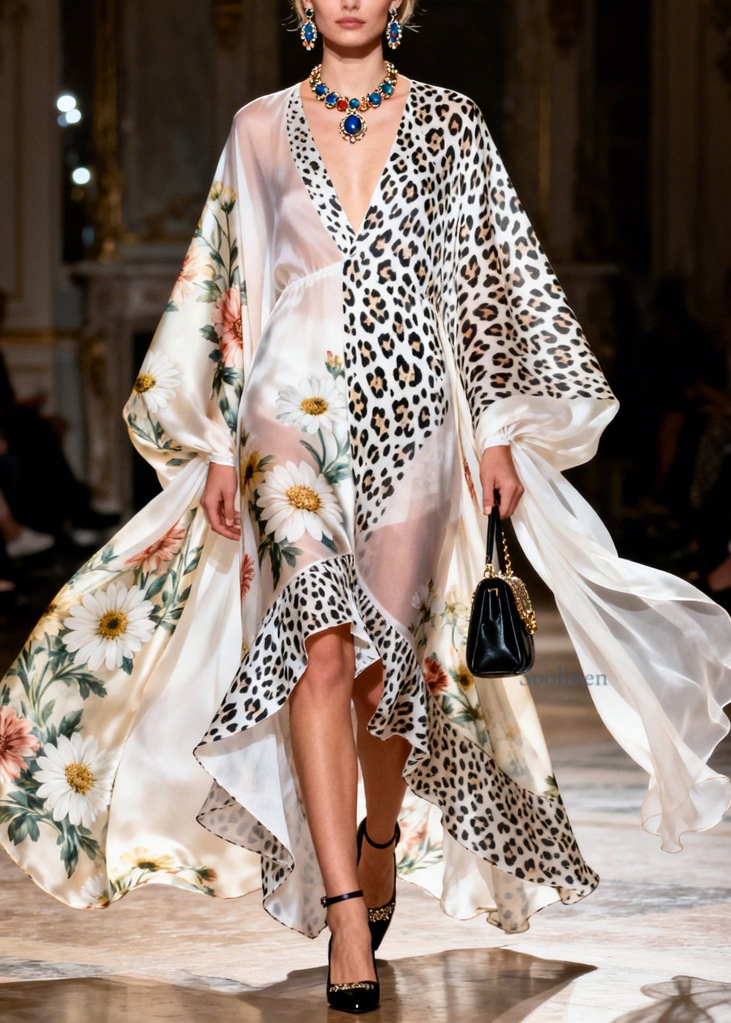 Loose Ruffled Print Patchwork Silk Maxi Dresses Summer