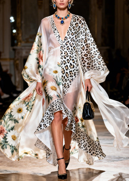 Loose Ruffled Print Patchwork Silk Maxi Dresses Summer