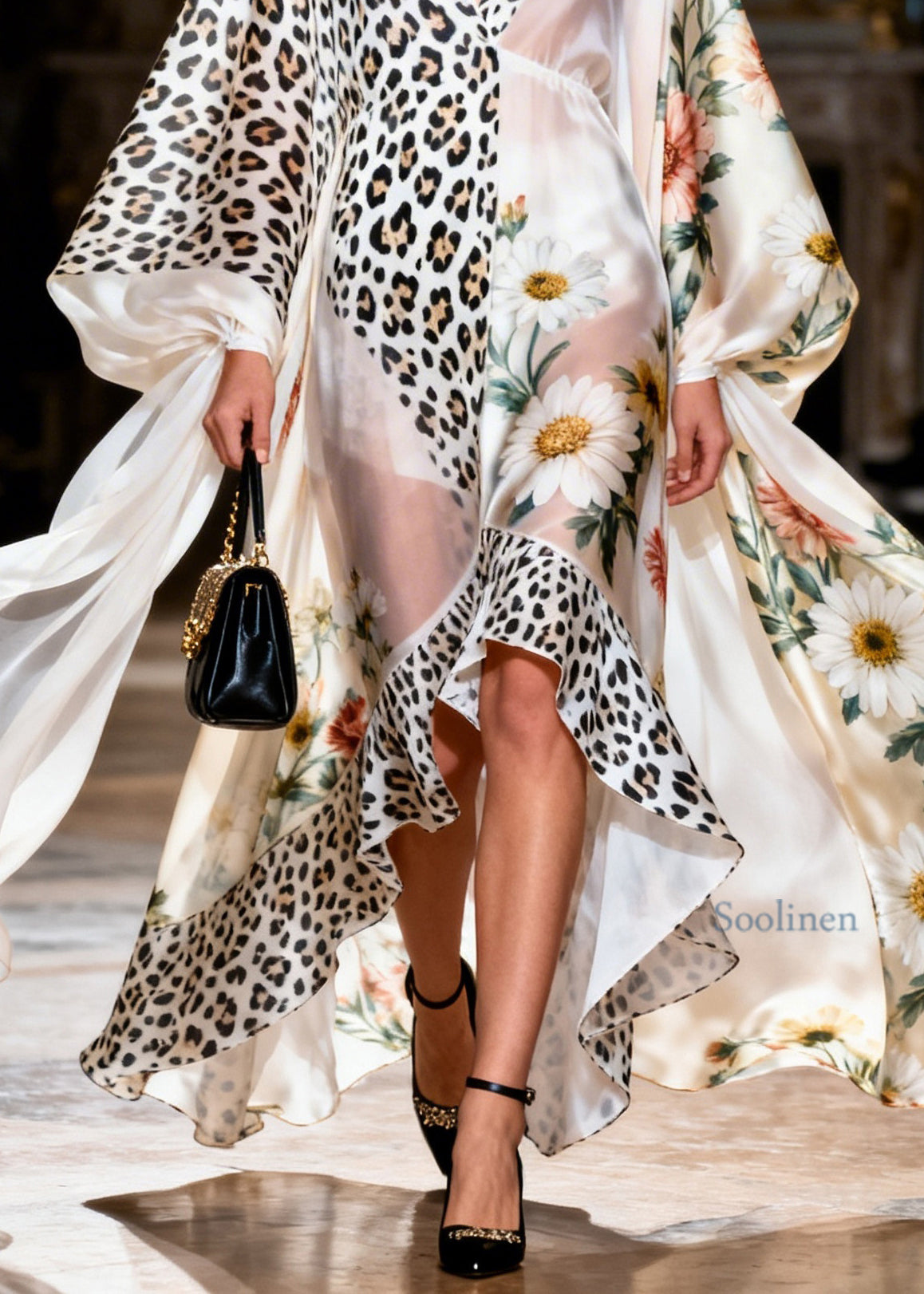 Loose Ruffled Print Patchwork Silk Maxi Dresses Summer
