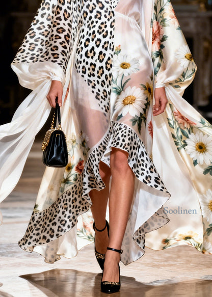 Loose Ruffled Print Patchwork Silk Maxi Dresses Summer