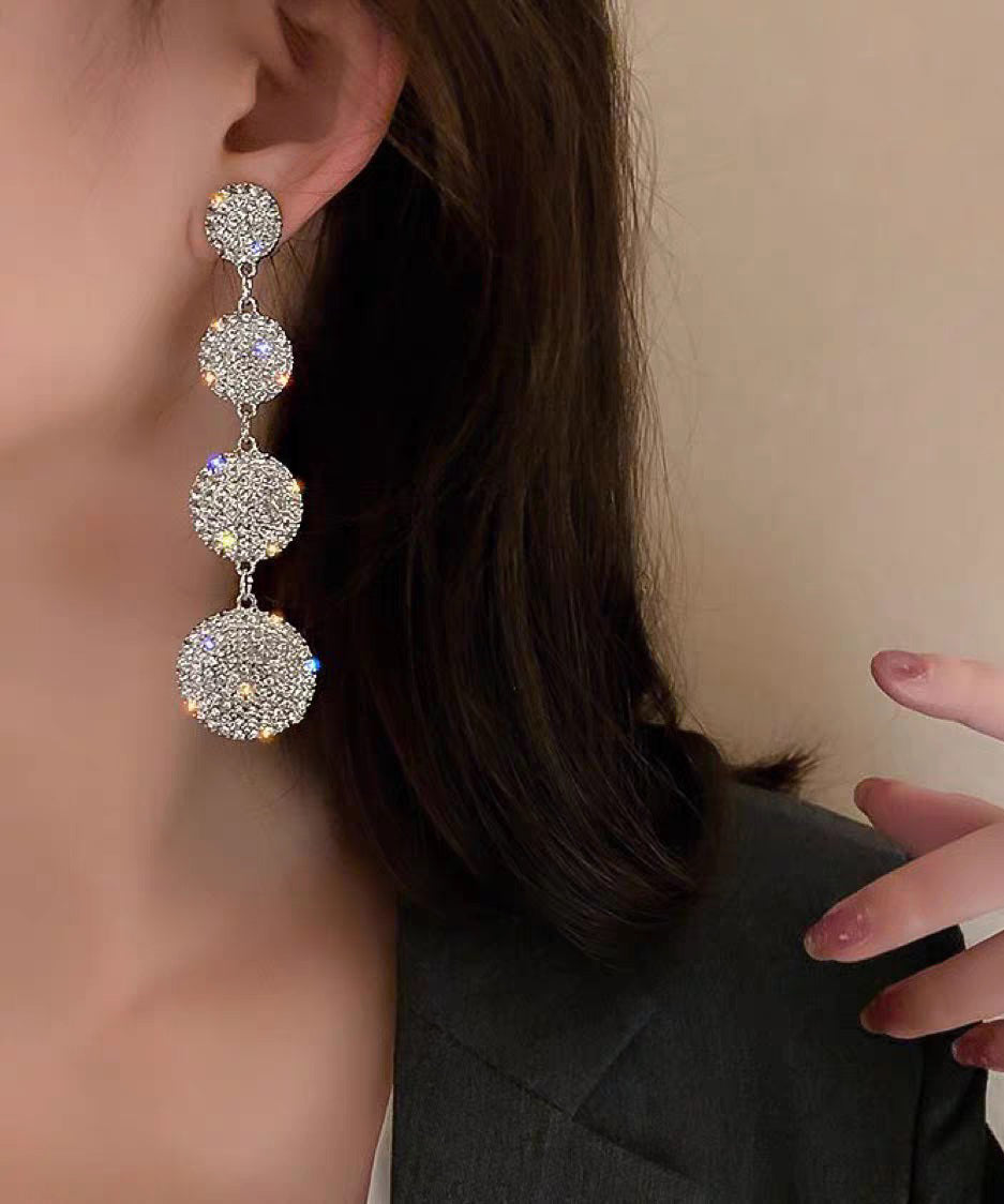 Loose Silk Alloy Zircon Rotundity Tassel Drop Earrings