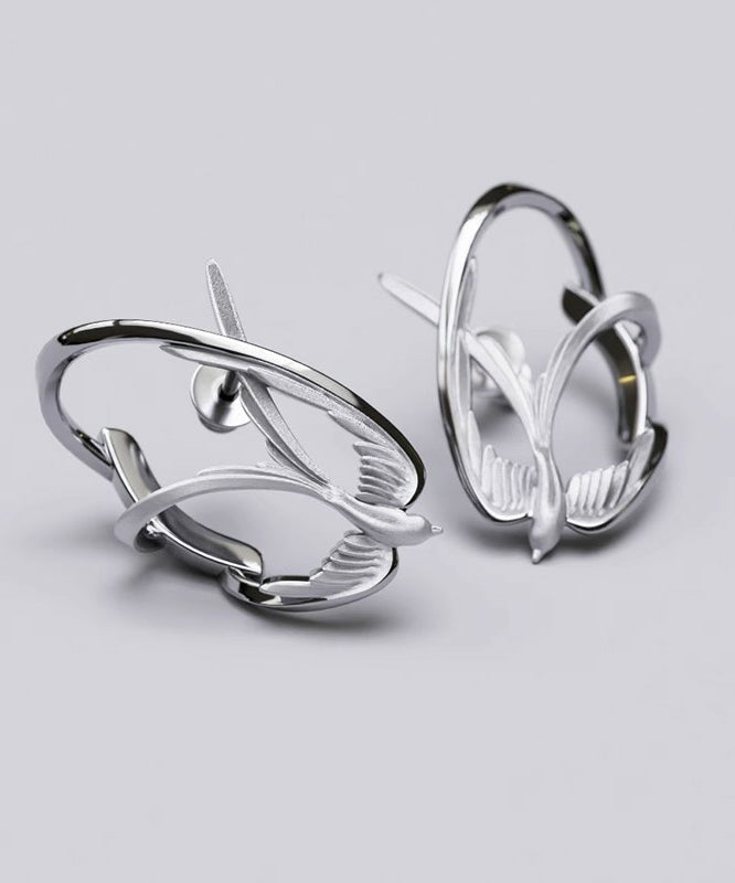 Loose Silk Sterling Silver Swallow Hollow Out Stud Earrings