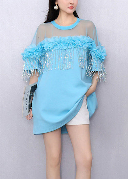 Loose Sky Blue Ruffled Tulle Patchwork T Shirts Summer
