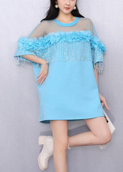Loose Sky Blue Ruffled Tulle Patchwork T Shirts Summer