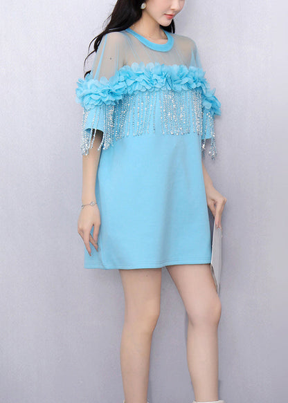 Loose Sky Blue Ruffled Tulle Patchwork T Shirts Summer