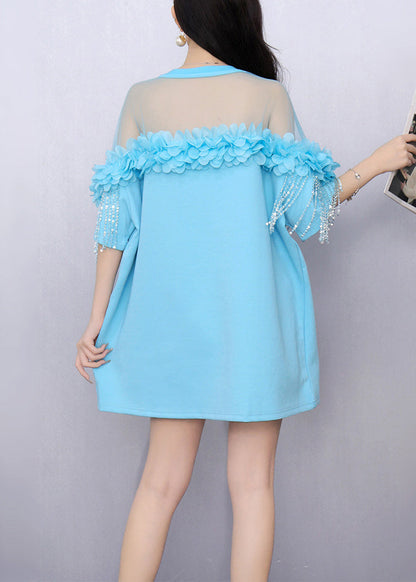 Loose Sky Blue Ruffled Tulle Patchwork T Shirts Summer