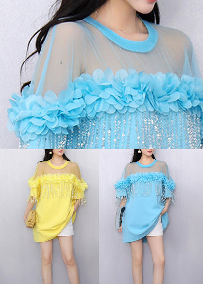 Loose Sky Blue Ruffled Tulle Patchwork T Shirts Summer