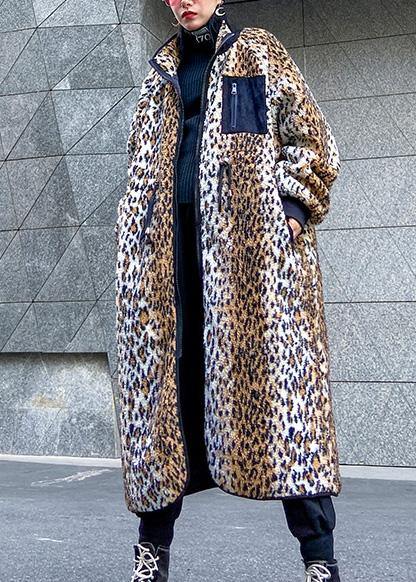 Loose Square Collar zippered fine fall coats women Leopard coats - SooLinen