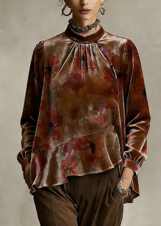 Loose Stand Collar Asymmetrical Ruffled Silk Velour Shirt Spring