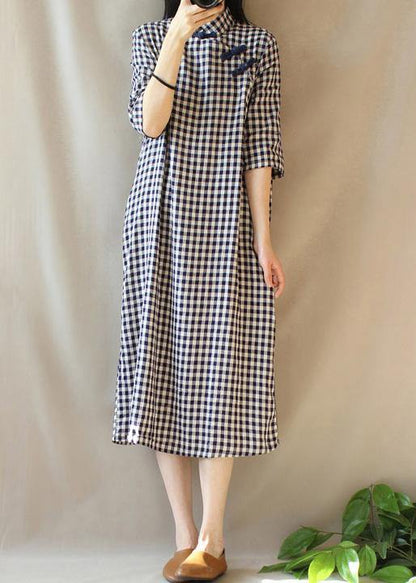 Loose Stand Collar Chinese Button Outfit Work Plaid Maxi Dresses - SooLinen